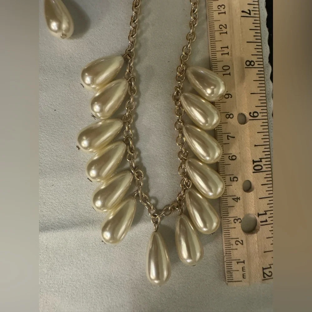 Classic Gold and Faux Pearl Teardrop Statement Necklace & Earrings Set
